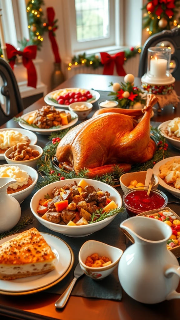 A festive Christmas dinner table with roast turkey, mashed potatoes, stuffing, vegetables, and pies.